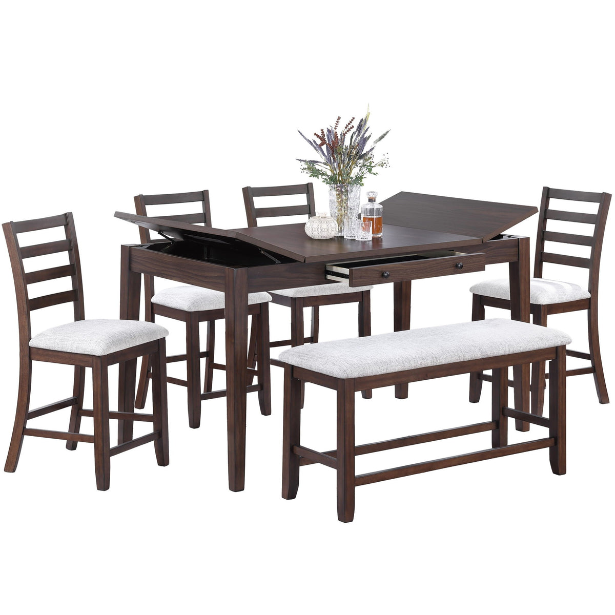 6 Piece Counter Height Dining Set Table With Storage Ladder Back Chairs And Bench - Walnut