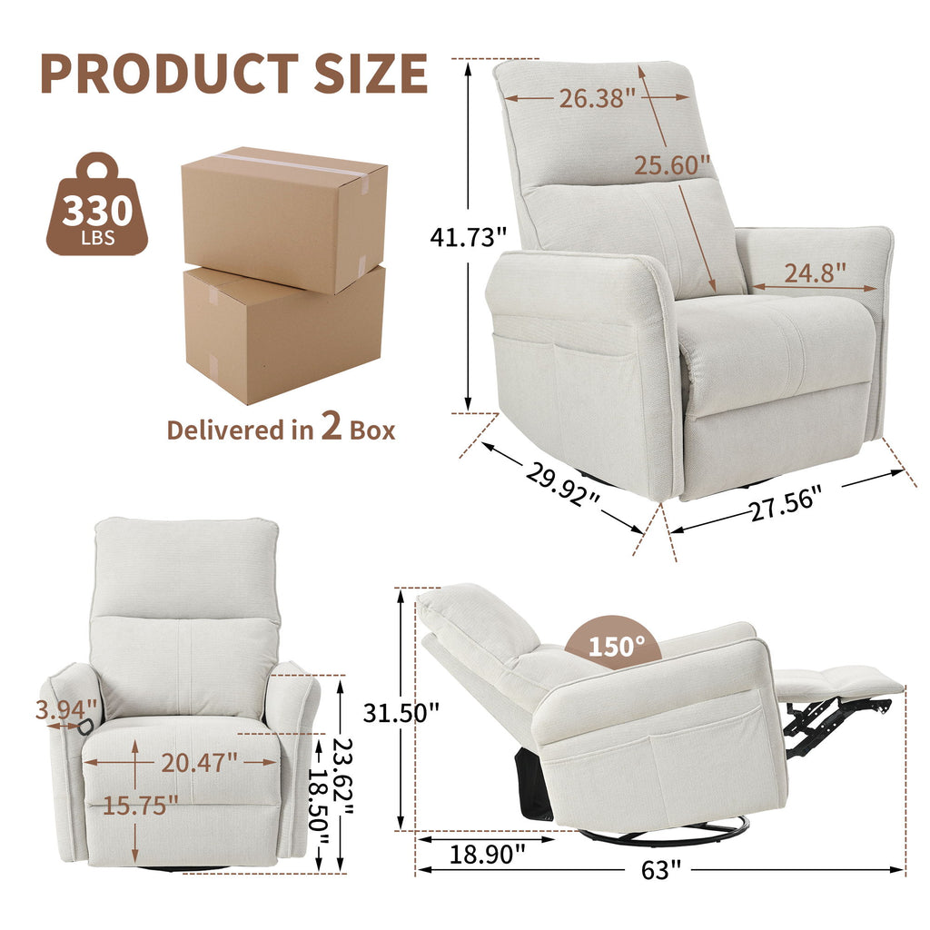360° Swivel Rocker Recliner Chair, Swive Nursery Rocking Chair With Pull Ring, Glide Chair For Livin Room - Gray
