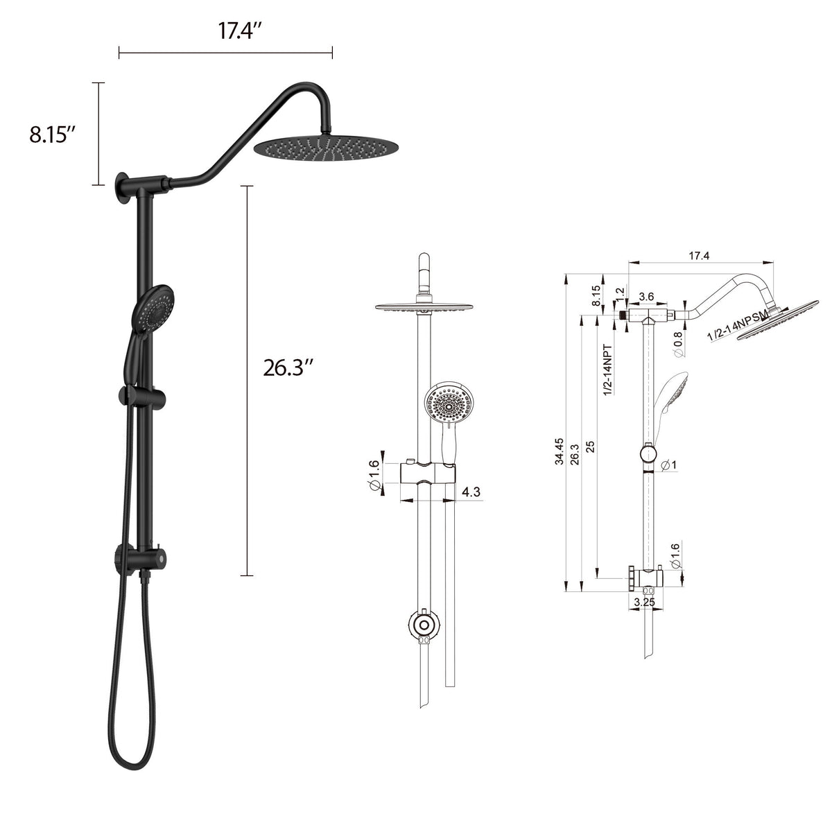Shower System With 5 Function Rain Hand Shower And Slide Bar Combo