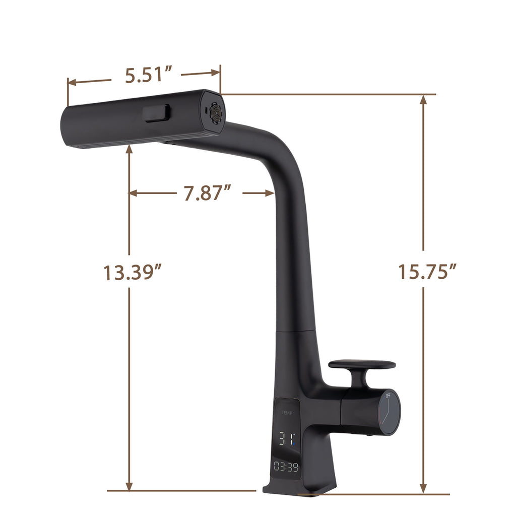 Waterfall Kitchen Faucet With Temperature Display And Pull Down Sprayer