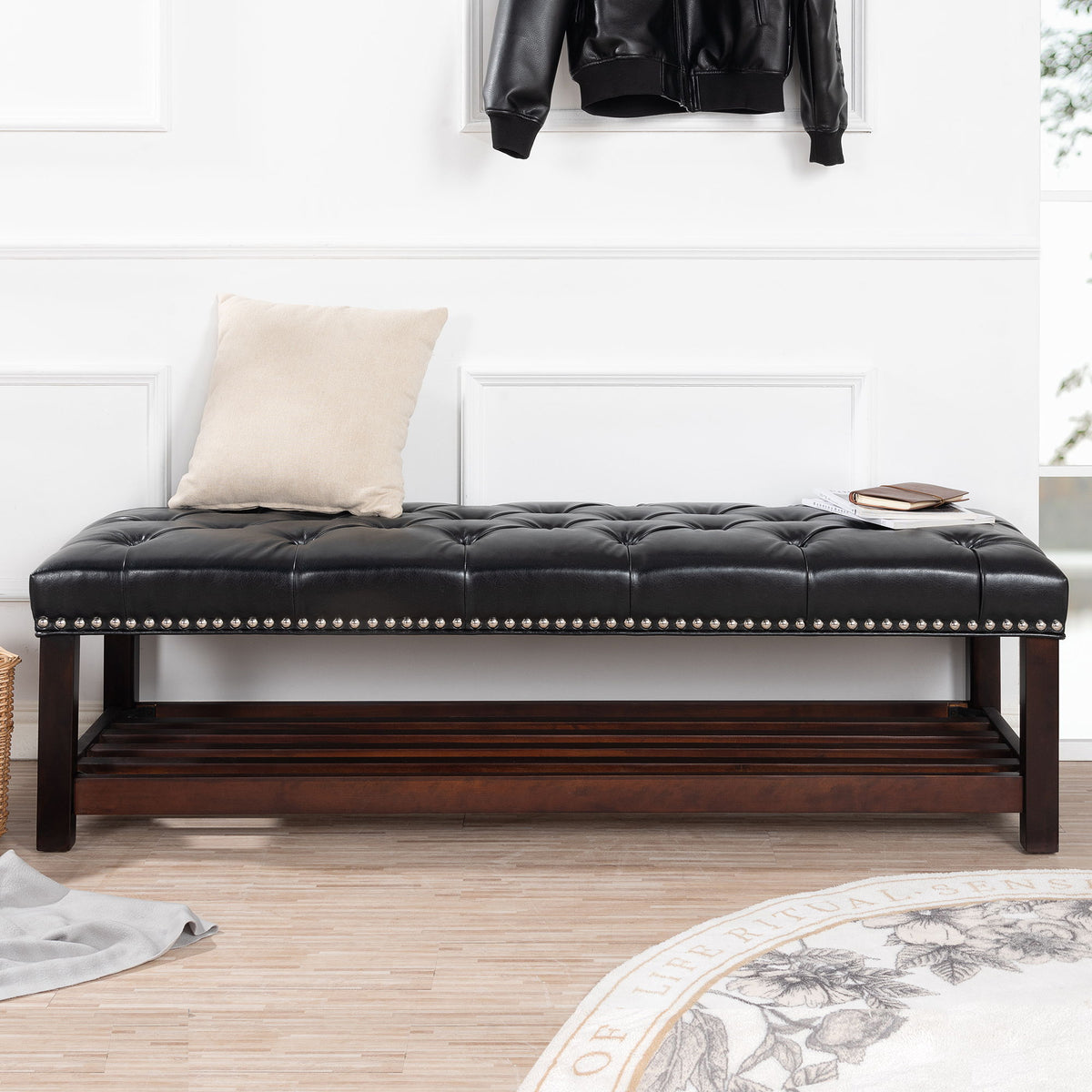 Bedroom End Of Bed Bench Tufted Upholstered End Of Bed Bench End Of Bed Entrance Shoe Bench With Nailhead Trim And Shelf Bedroom Upholstered Bench Living Room Shoe Rack Footstool