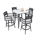 Modern Outdoor Patio Bar Set, Rounded Square Table & Bar Chairs, Non Rust Frame, Tapered Legs, Sunbrella Cushion