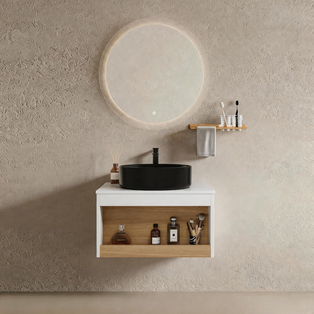 Floating Bathroom Vanity With Glossy Round Vessel Sink