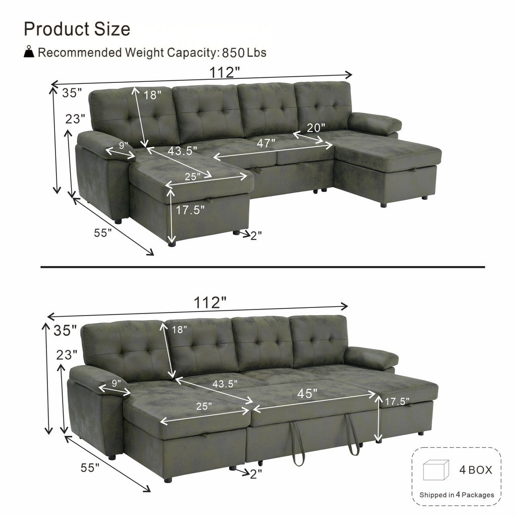 Convertible Sectional Sofa Bed With Pull Out Sleeper And Storage
