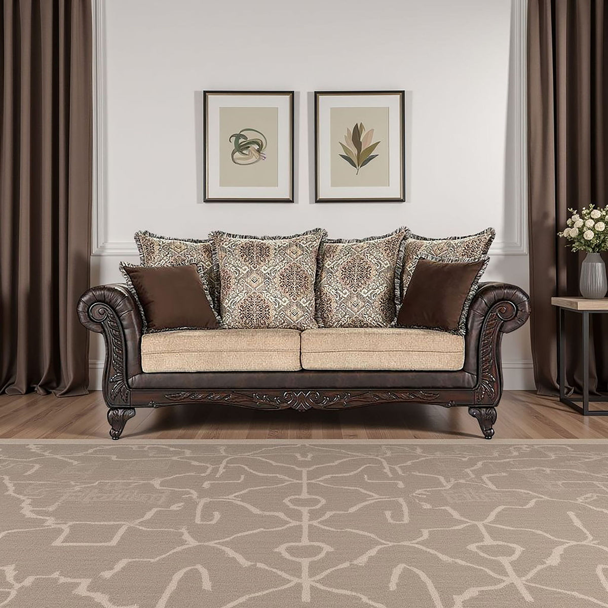 Brookridge - Rolled Arm Sofa With Ornate Details And Mixed Upholstery - Brown