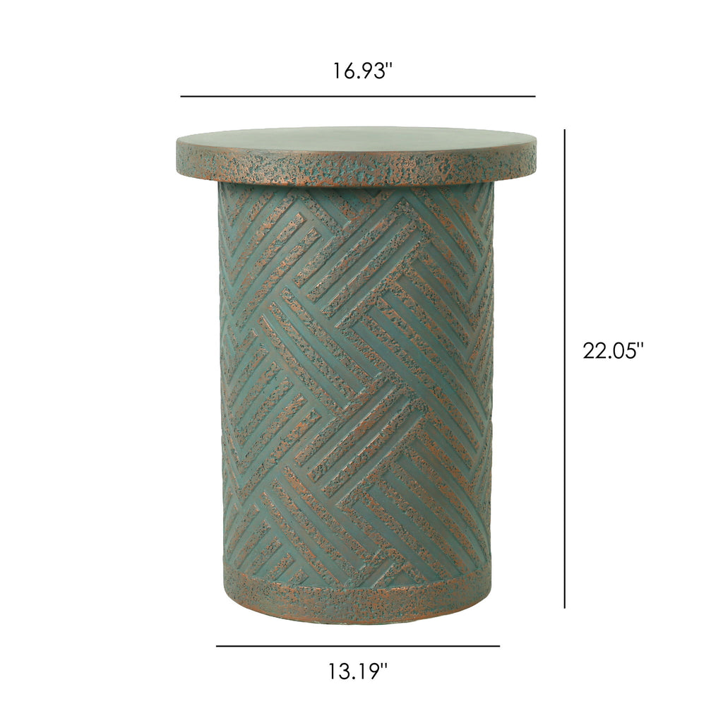 Round Outdoor End Table With Tree Stump Design For Patio - Golden / Green / Peacock