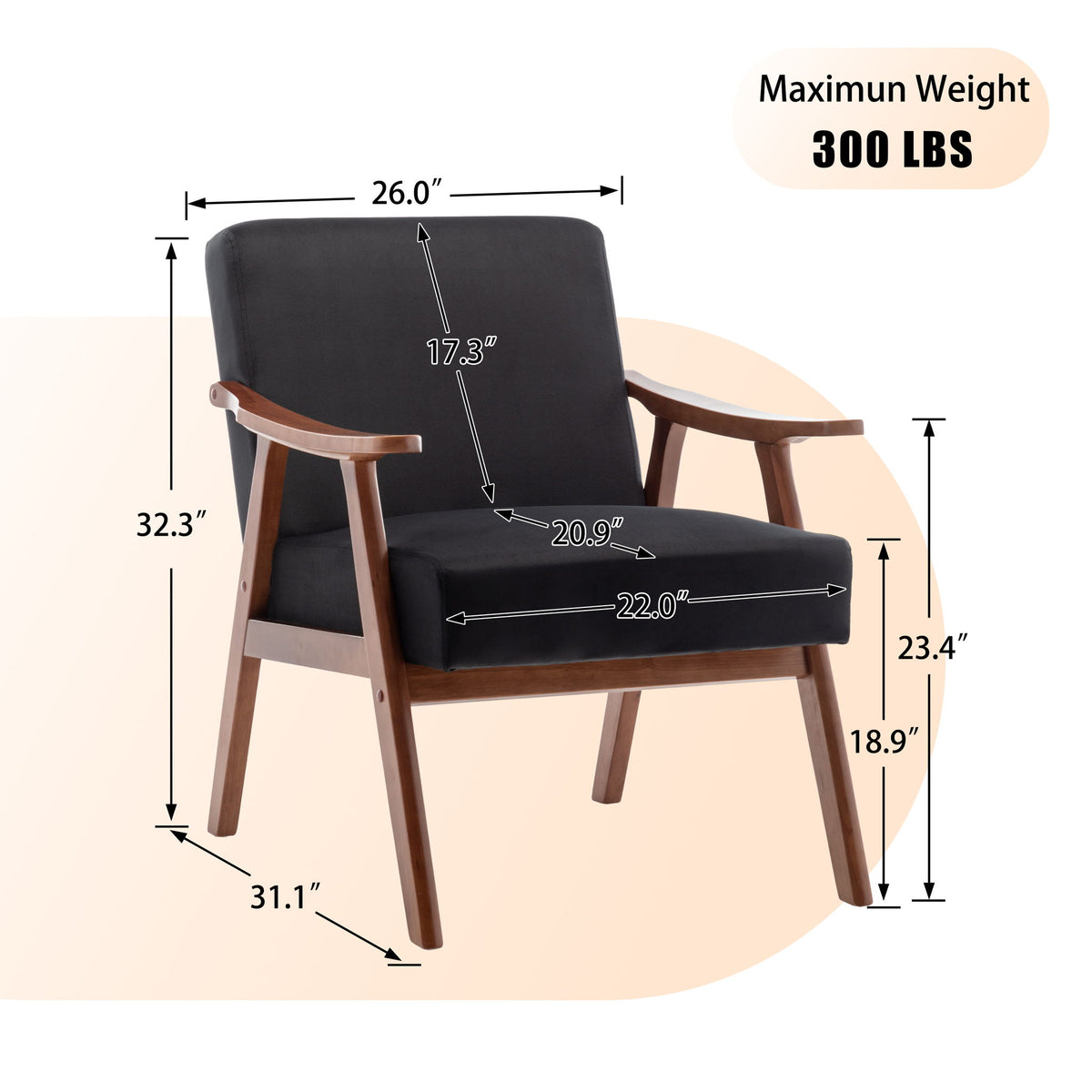 Mid Century Modern Accent Chair With Solid Wood Frame And Extra Thick Backrest