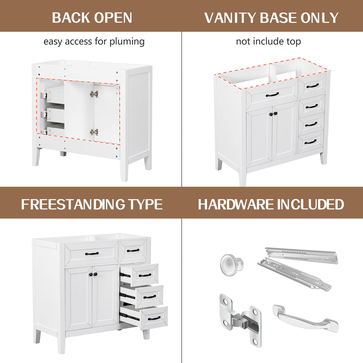 Modern Bathroom Vanity Base Only, 2 Doors And 3 Drawers