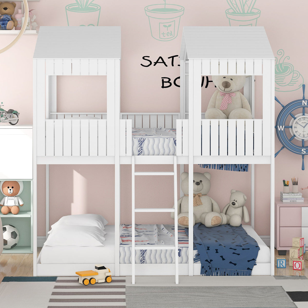 Bunk Bed With Roof, Window, Guardrail, Ladder