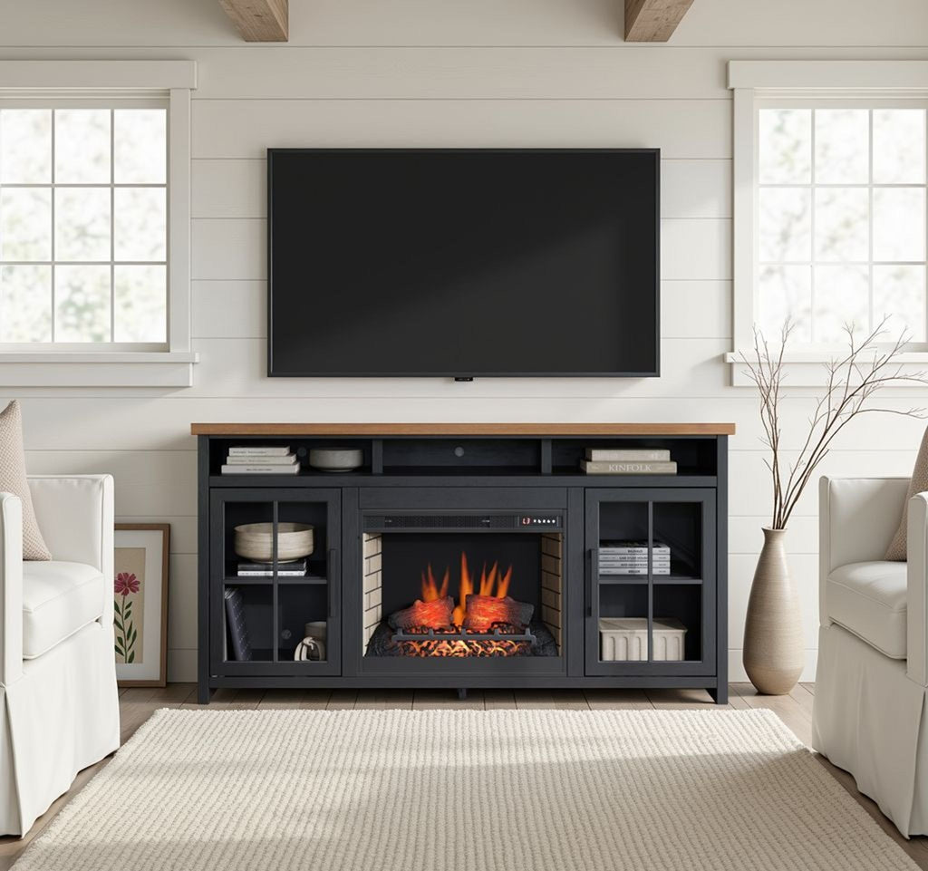 Essex - Fireplace TV Stand Console For TVs Up To 85" - Black / Whiskey