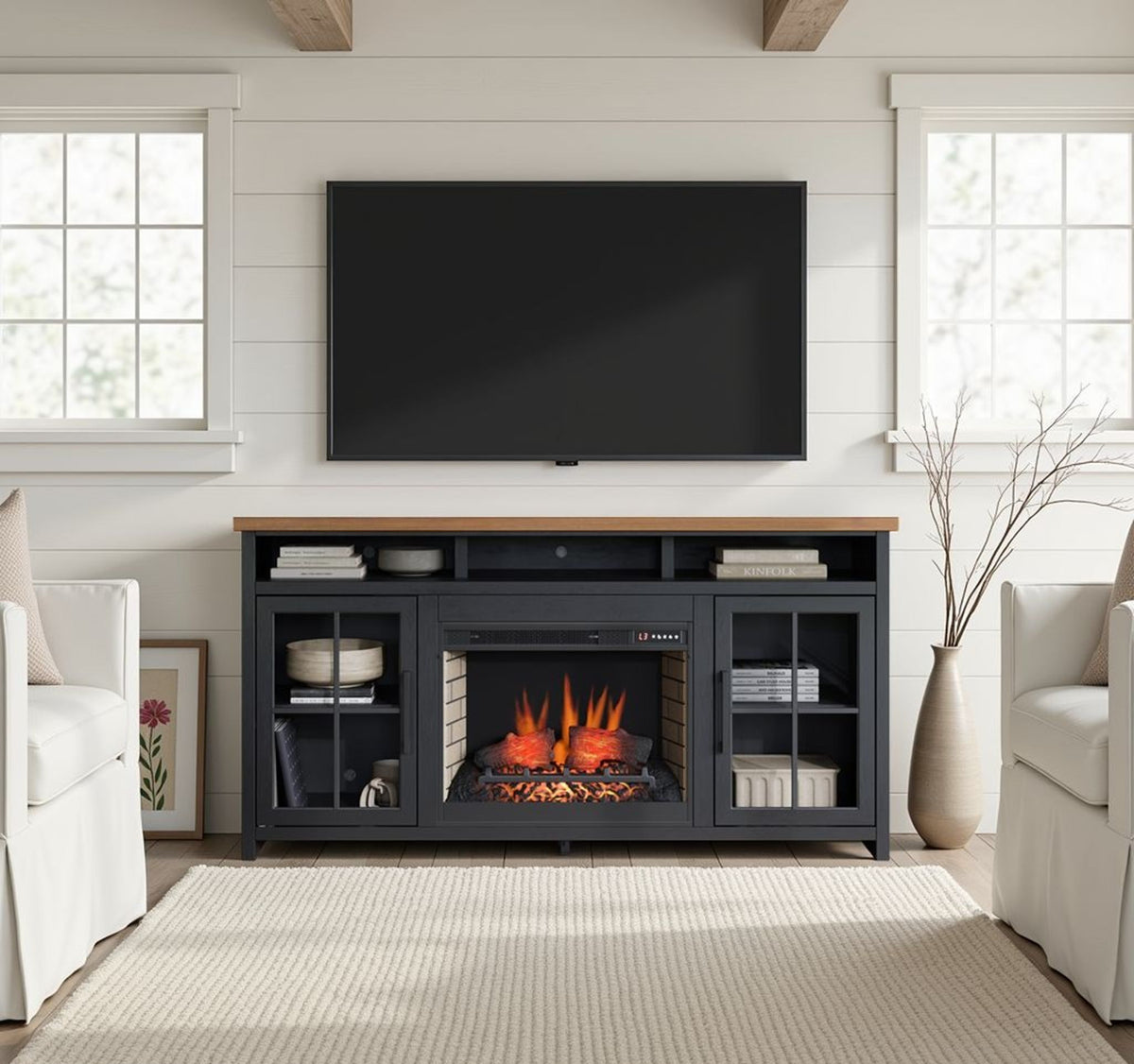 Essex - Fireplace TV Stand Console For TVs Up To 85" - Black / Whiskey
