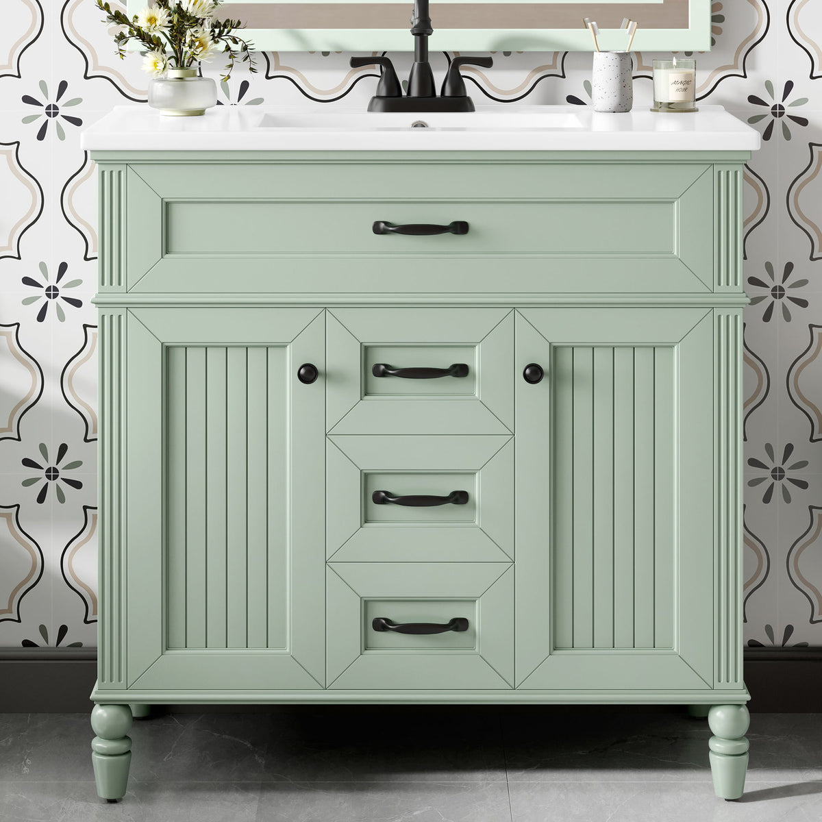 Bathroom Vanity With Sink, Flip-Out Top Drawer, Soft Close Doors, 2 Storage Drawers
