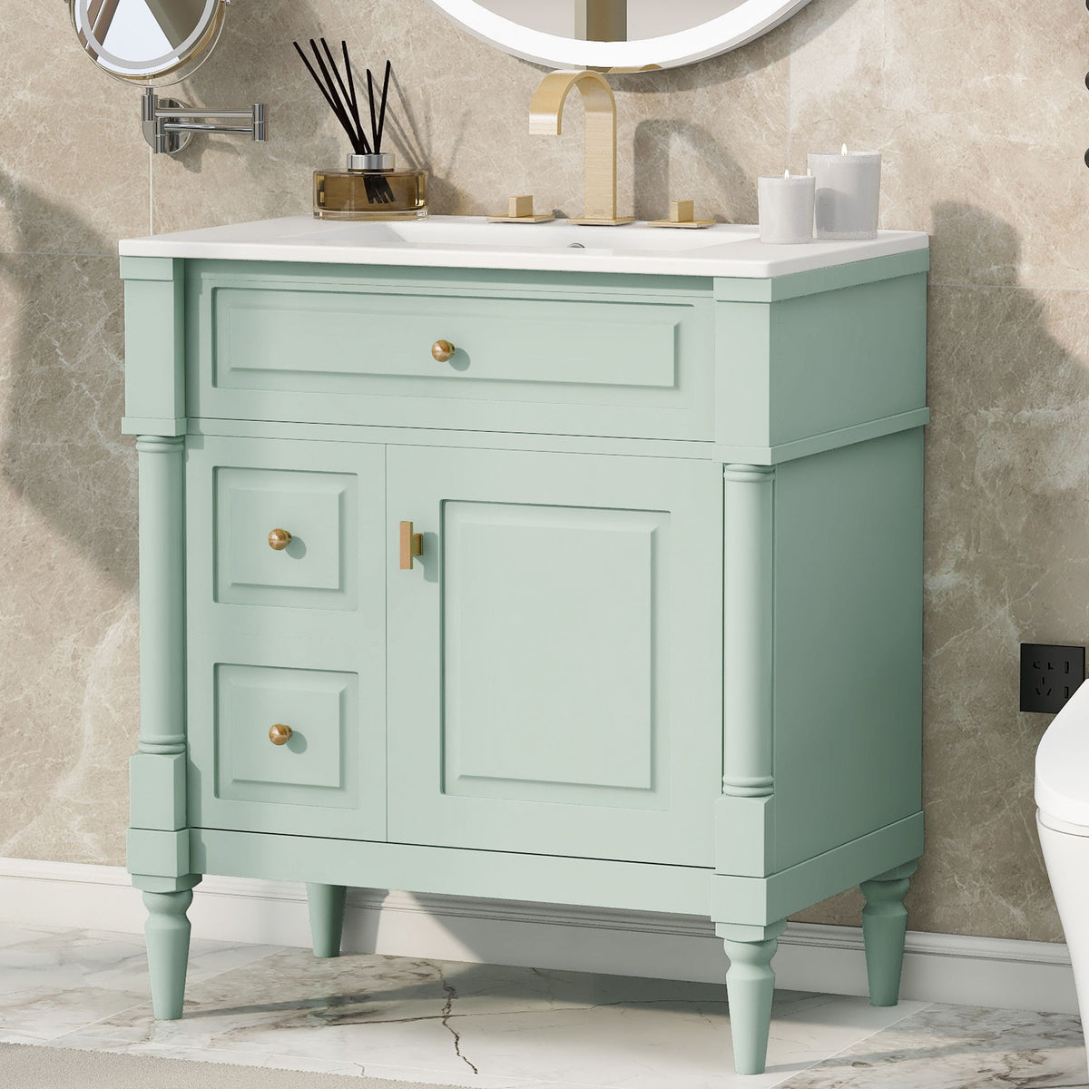 Modern Bathroom Vanity With Sink, Freestanding Cabinet With Flip Drawer & Adjustable Shelf
