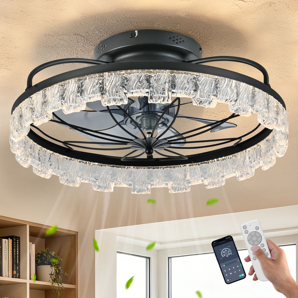 Ceiling Fan With Light, Flower Caged Ceiling Fan With Remote, LED Low Profile Ceiling Light - Matte Black