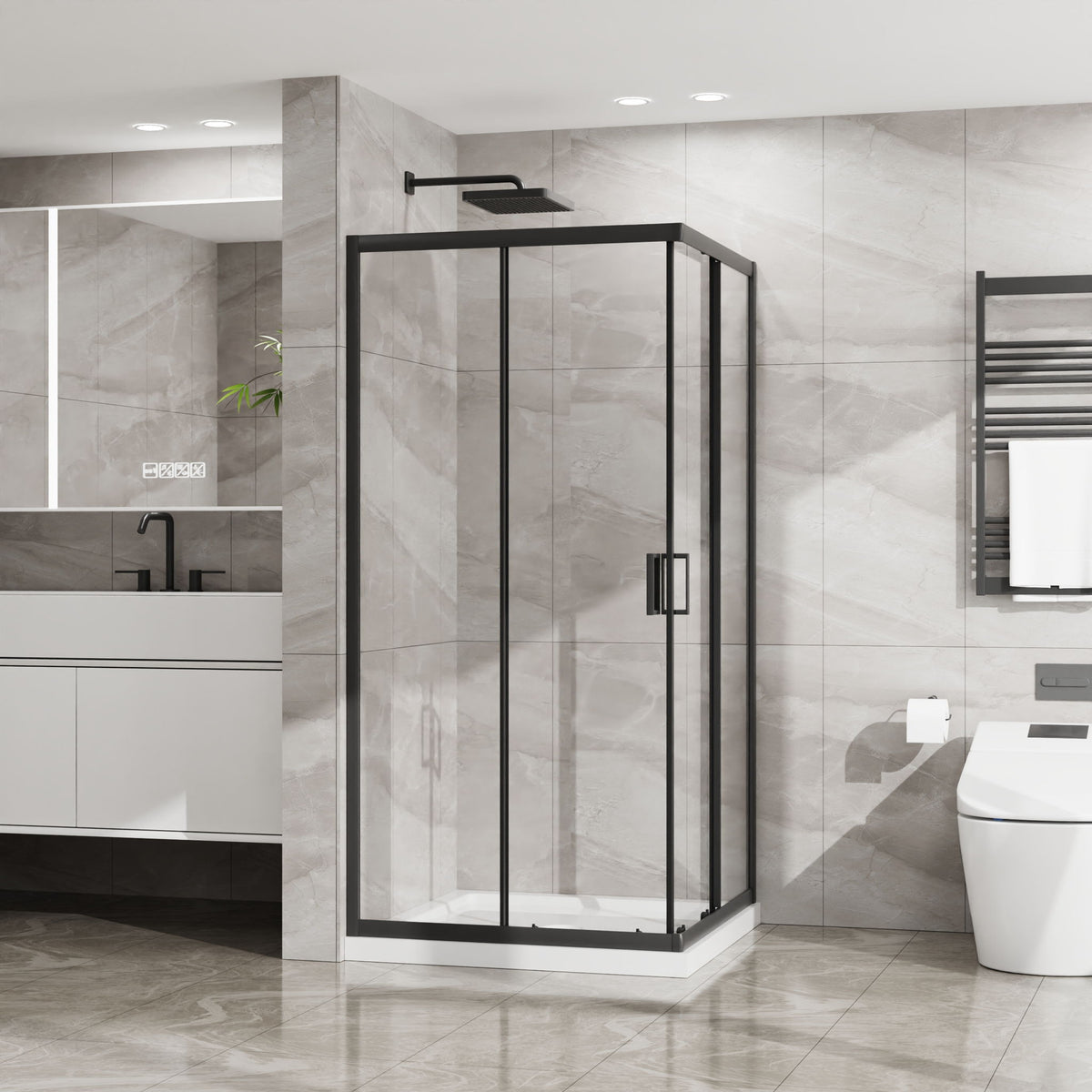 Corner Shower Enclosure, Double Sliding Door & Shower Base - Matte Black
