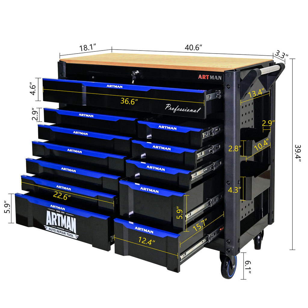 12 Layer Drawer Multi Purpose Tool Cart With Wheels And Wooden Countertops - Black / Blue