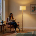 Stellar - Linen Shade Floor Lamp - Gold / Natural Wood / Rattan / White