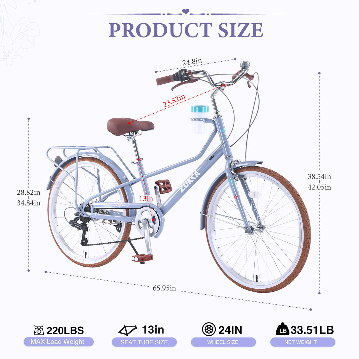 24" Cruiser Bike With 6 Speed Gear System, Rear Rack & Cup Holder