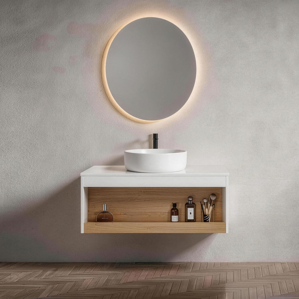 Floating Bathroom Vanity With Glossy Round Vessel Sink