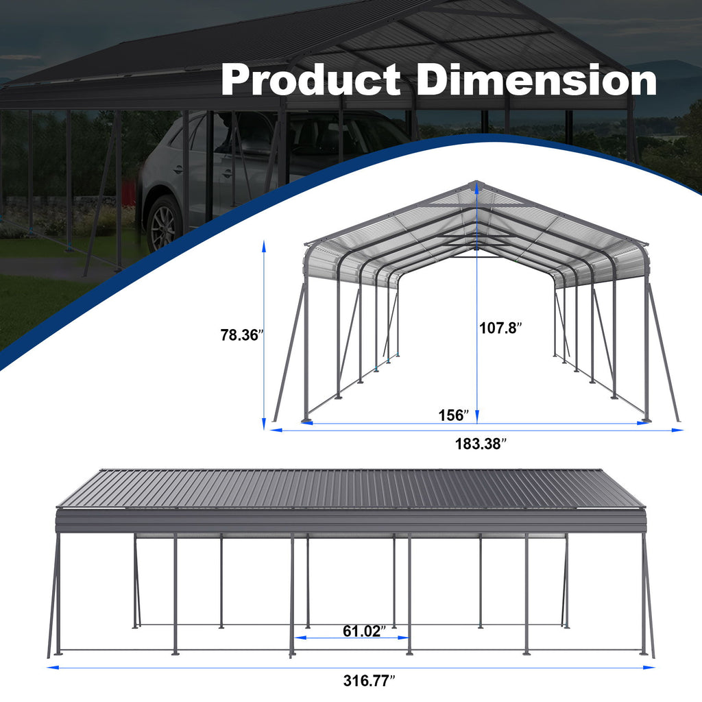 Metal Carport 13 X 26.5 Ft Heavy Duty With Galvanized Steel Roof Metal Garage Canopy With Galvanized Steel Roof & Frame Car Tent Outdoor Storage Shed For Car Boats And Truck - Gray