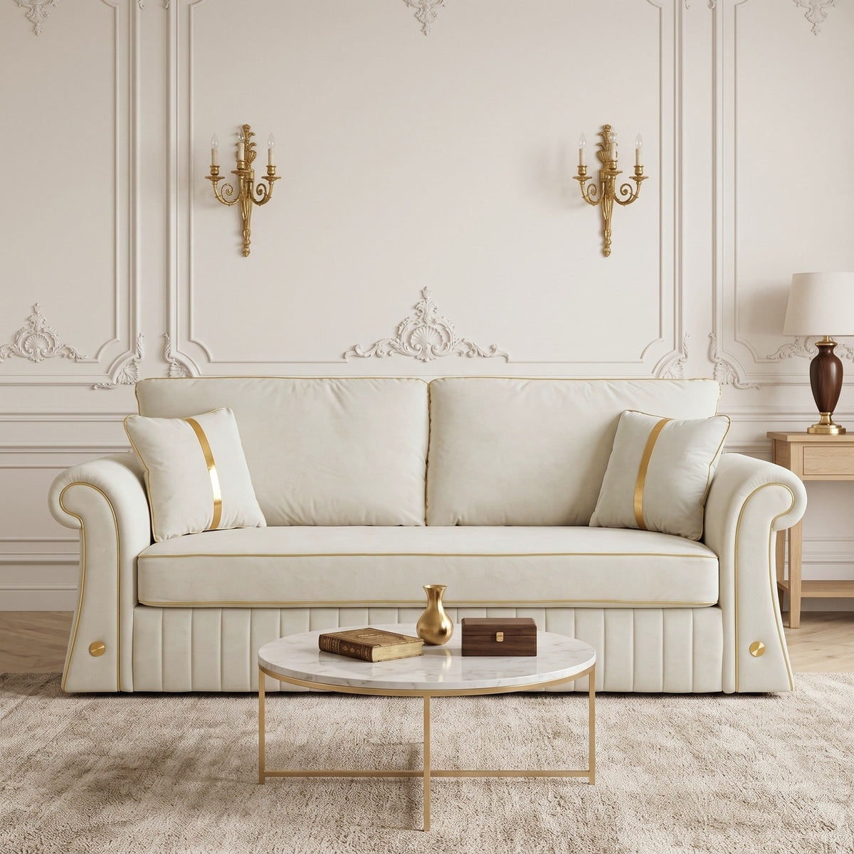 Sofa With Rolled Arms, 3 Seater Couch, Living Room Accent - Cream White