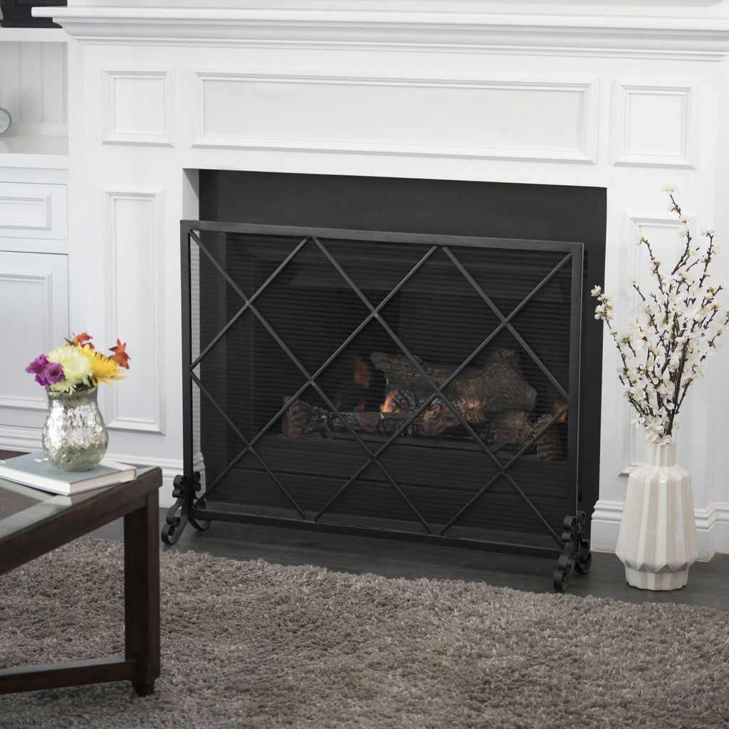 Minimalist Single Panel Iron Fireplace Screen With Diamond Design - Black