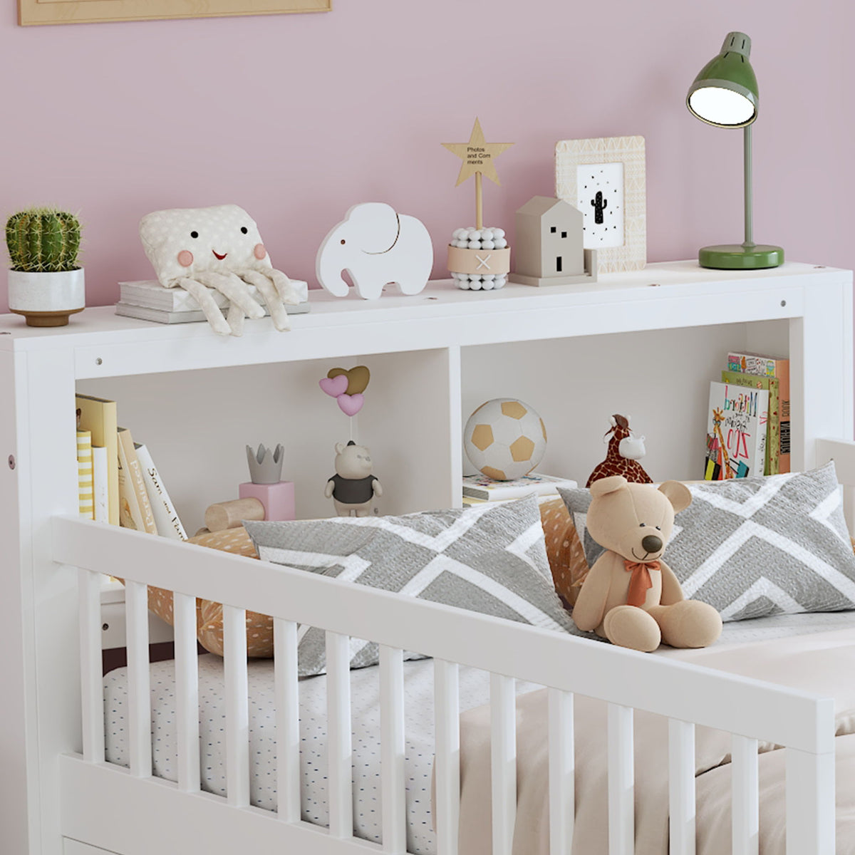 Bed With Headboard Storage Rack, 2 Under Bed Drawers, 3 Side Guardrails For Safety
