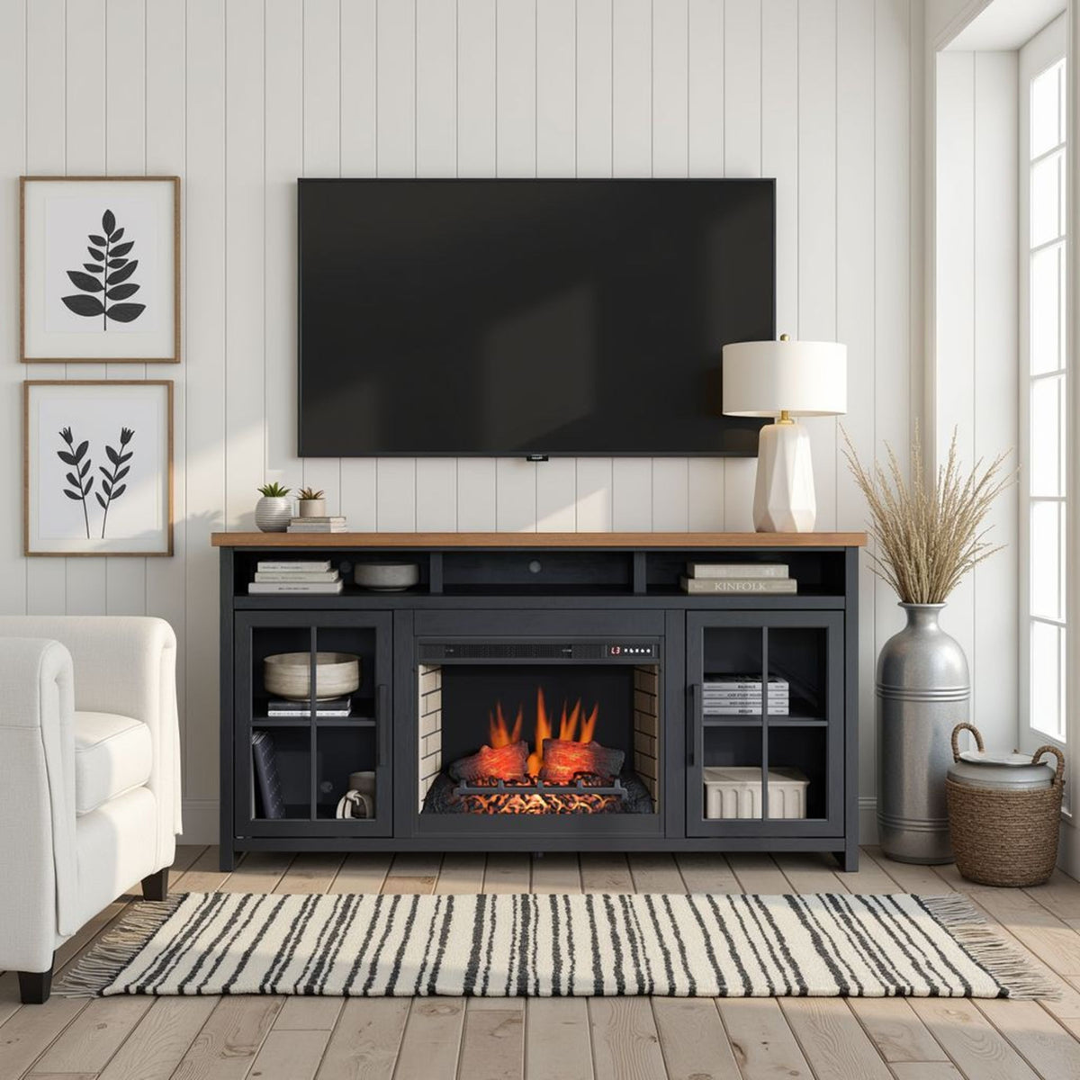 Essex - Fireplace TV Stand Console For TVs Up To 85" - Black / Whiskey