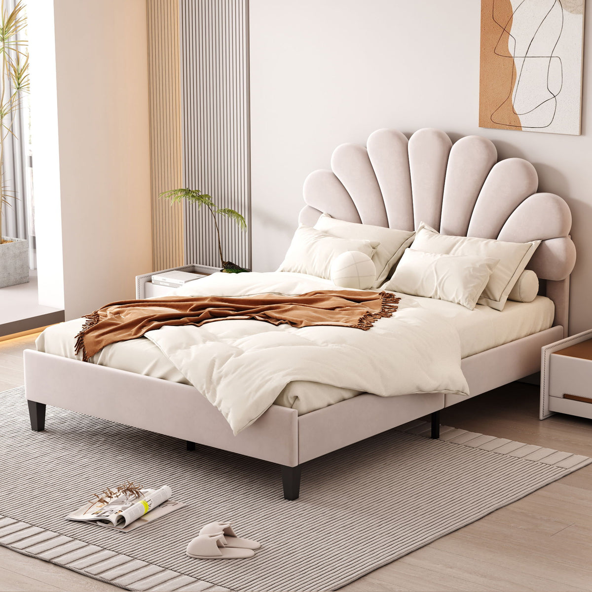 Upholstered Platform Bed With Flower Pattern Headboard