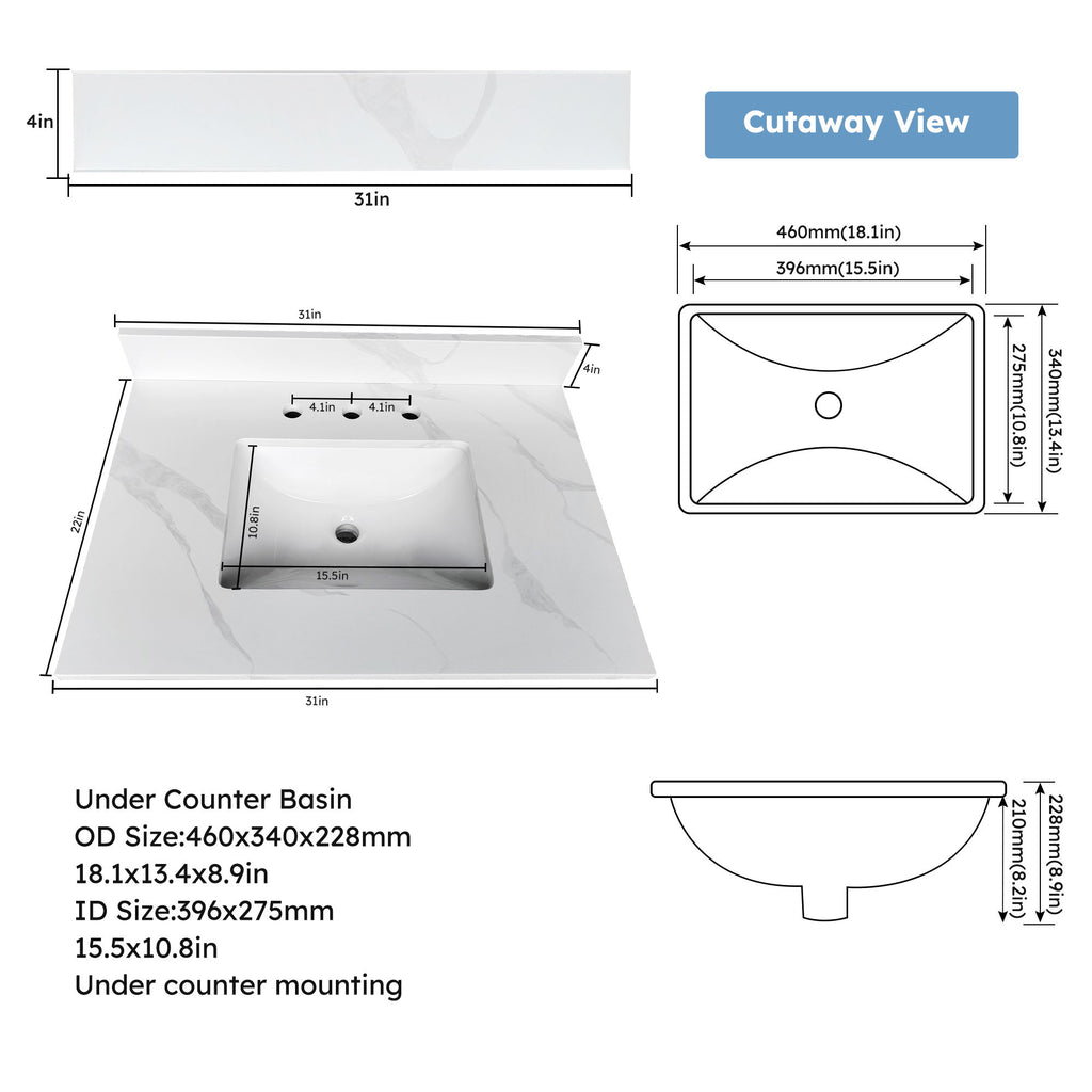 Bathroom Vanity Top With Undermount Sink, 3 Pre Drilled Holes