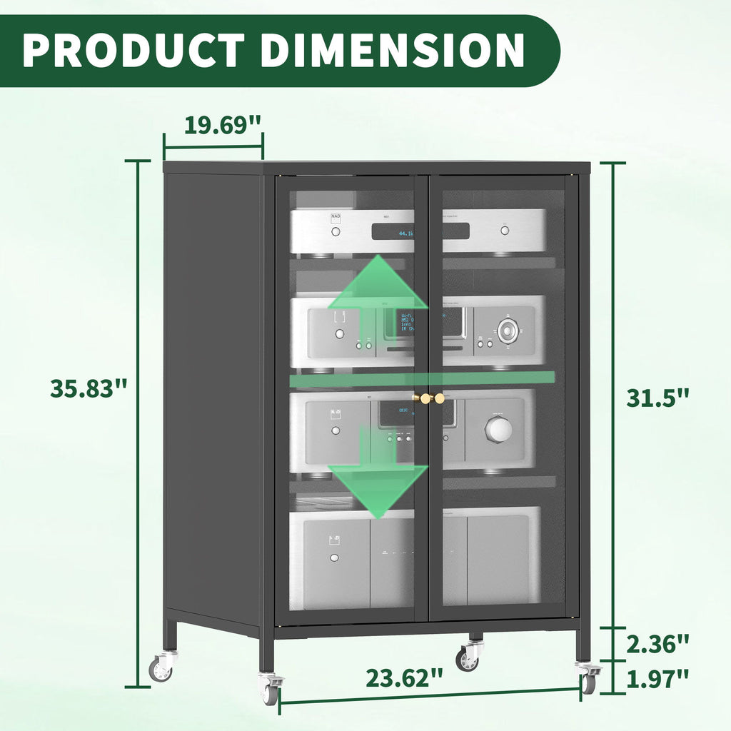Media Storage Cabinet With Wheels, 4 Adjustable Glass Shelves & Door, Heavy-Duty - Black
