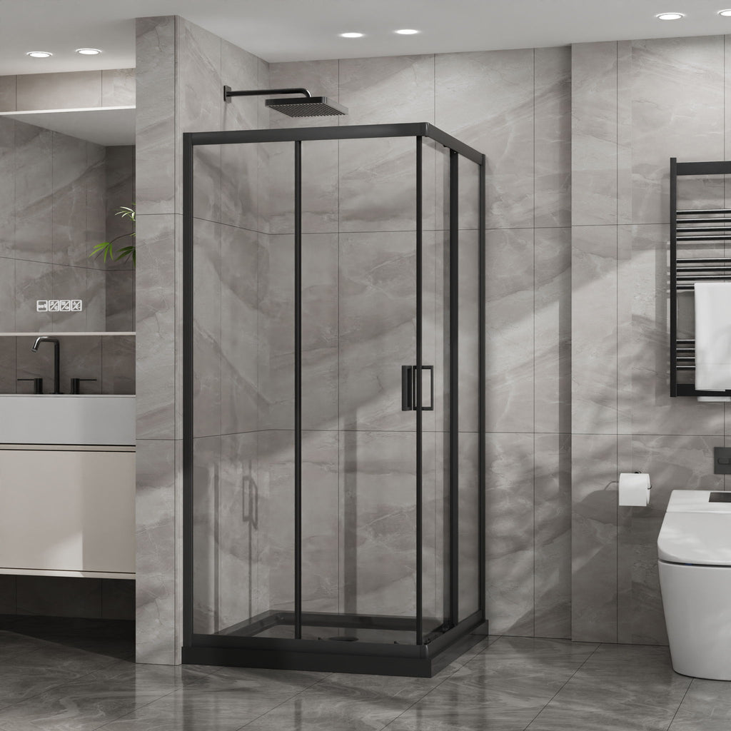 Corner Shower Enclosure, Double Sliding Door With Shower Base - Matte Black