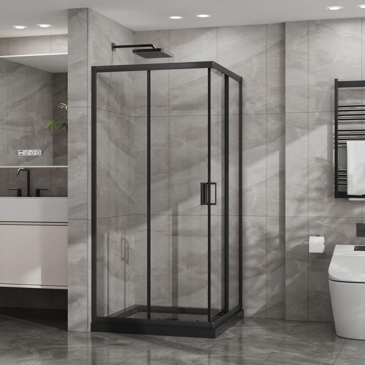 Corner Shower Enclosure, Double Sliding Door With Shower Base - Matte Black