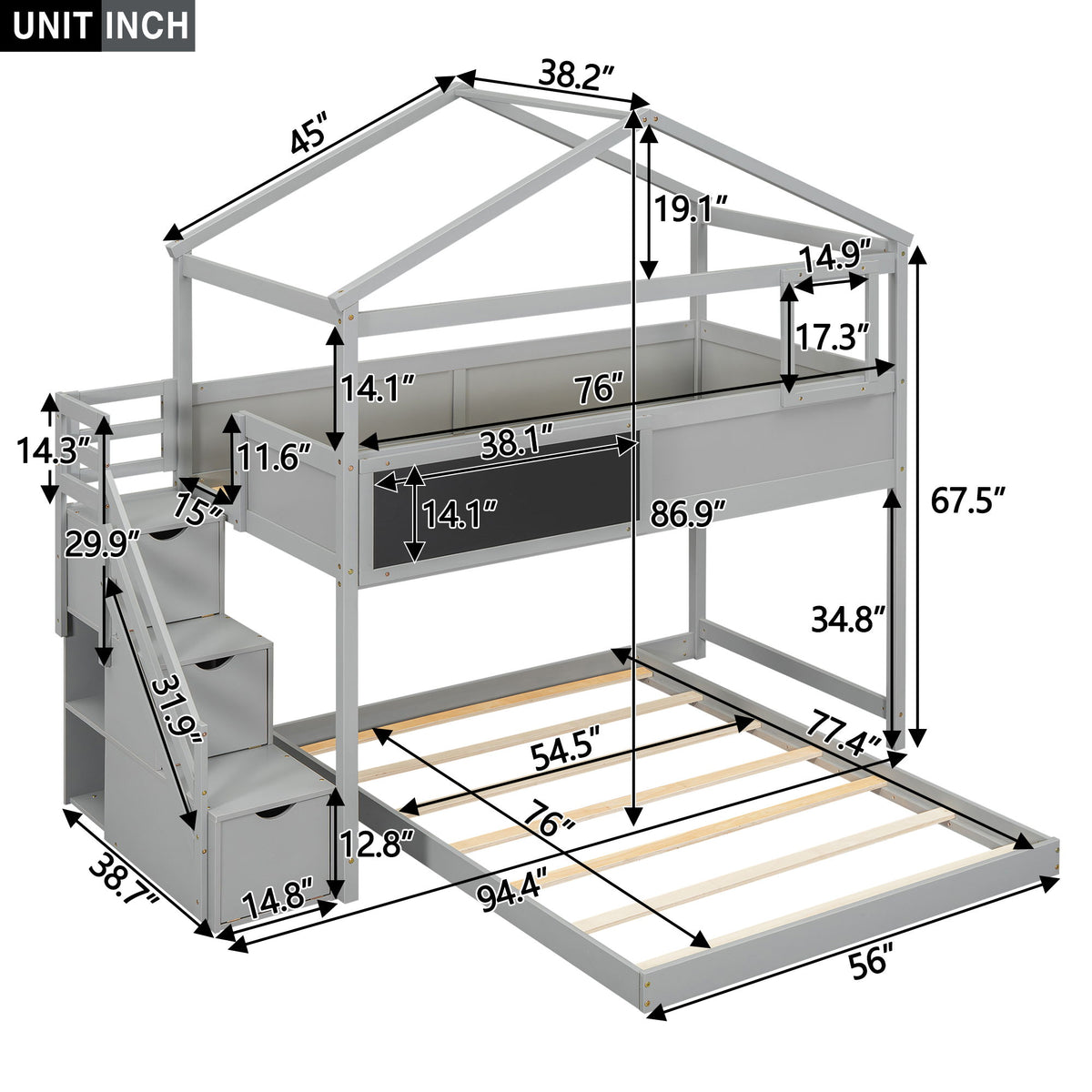 House Style Bunk Bed With Storage Staircase And board