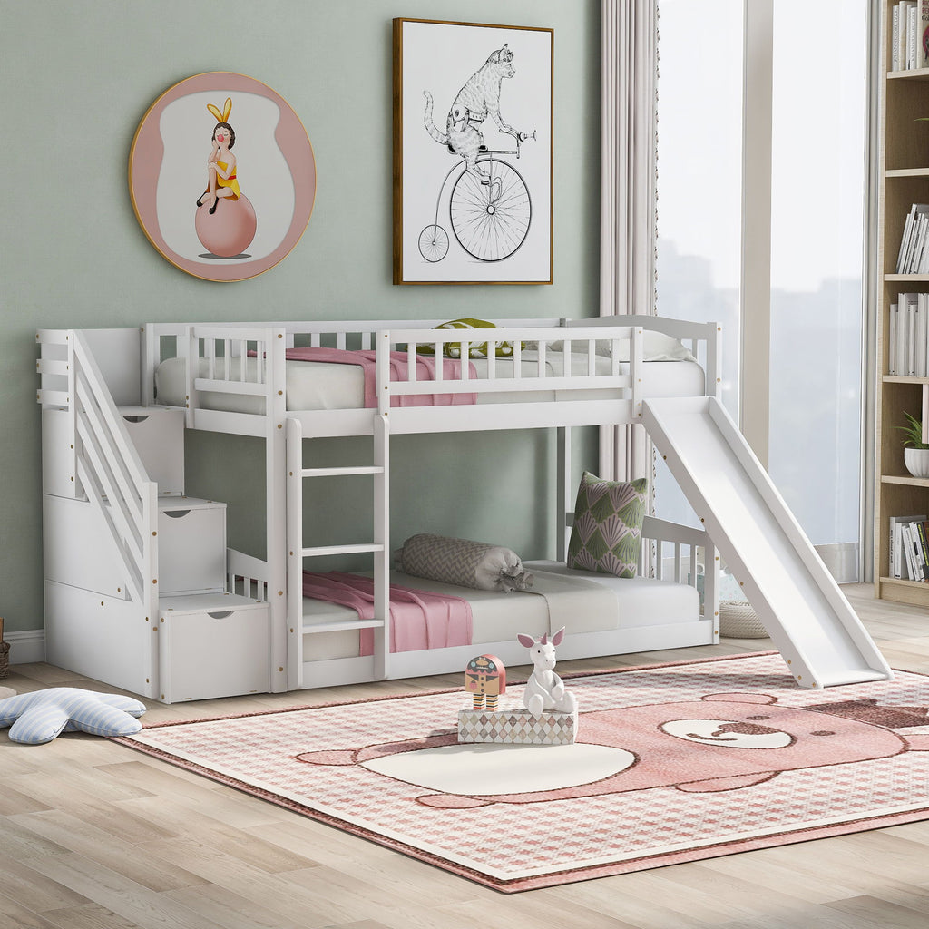 Twin Over Twin Stairway Bunk Bed With Two Drawers And Slide