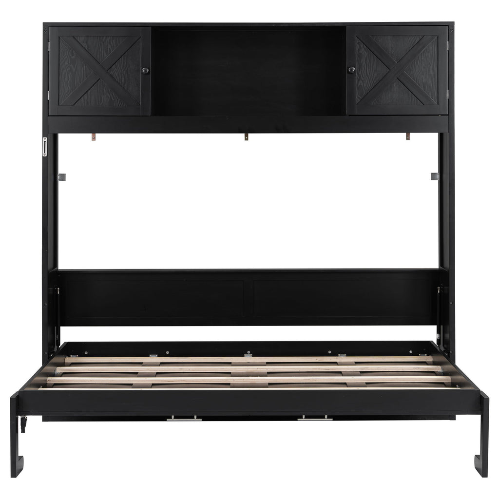 Full Size Murphy Bed With Storage Cabinets - Black