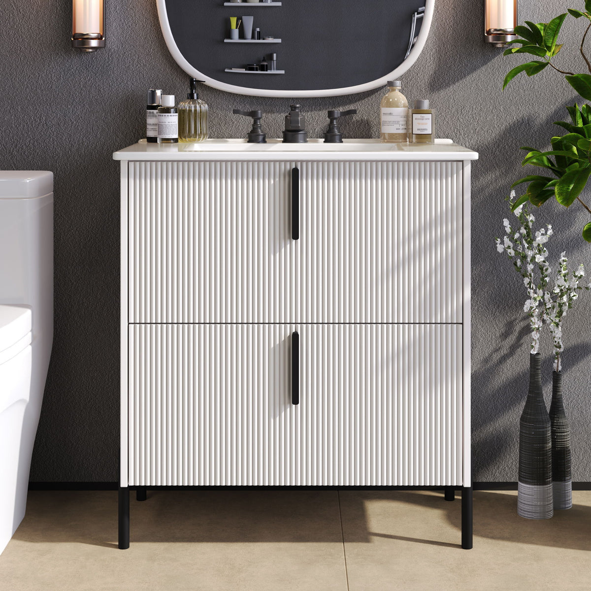 Bathroom Vanity With Ceramic Sink, Fluted Design