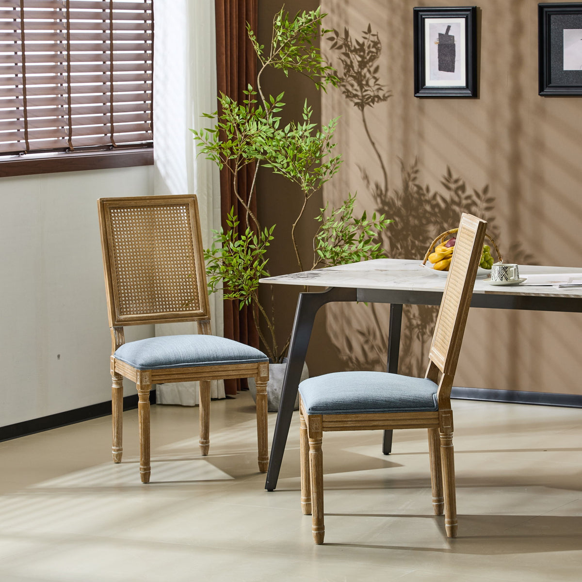 French Country Dining Chair With Rectangular Cane Backrest And Smooth Upholstered Seating