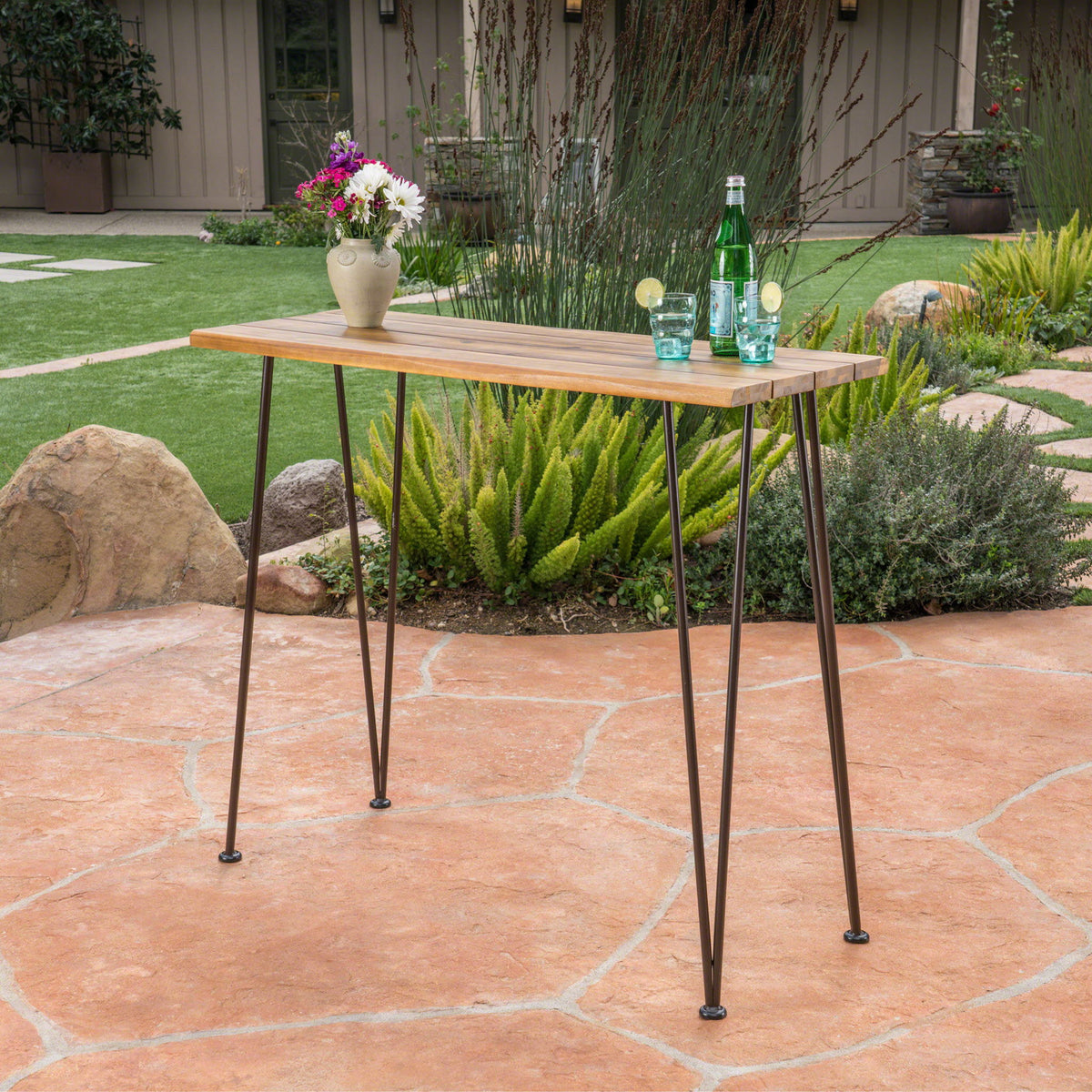Outdoor Bar Table With Wood Tabletop And Iron Hairpin Legs - Black / Teak