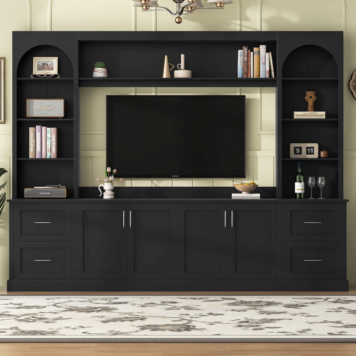 Arched Entertainment Center Wall Unit With Drawers, TV Stand