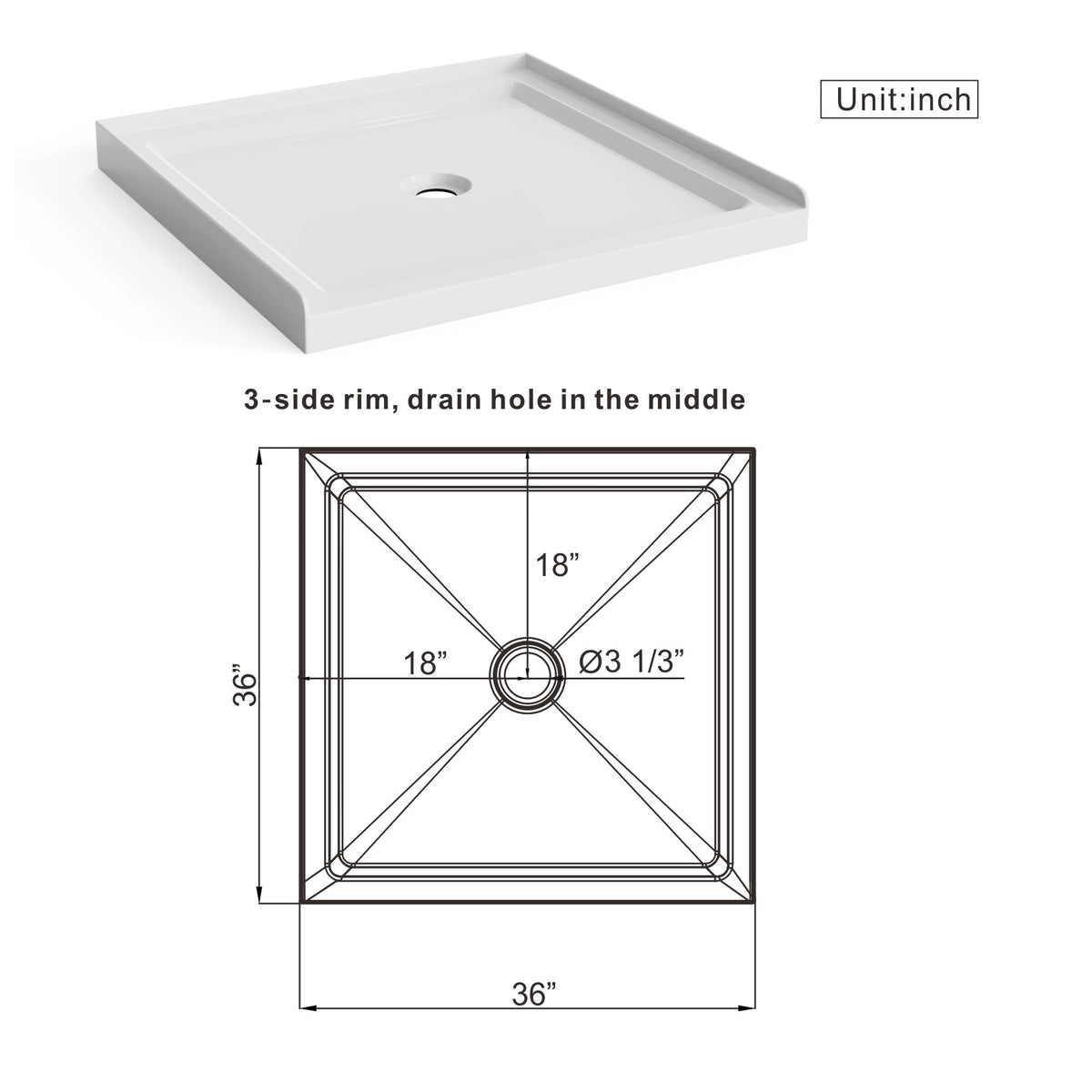 Goodyo - Centered Drain Shower With 3-Side Tile Flanges - White
