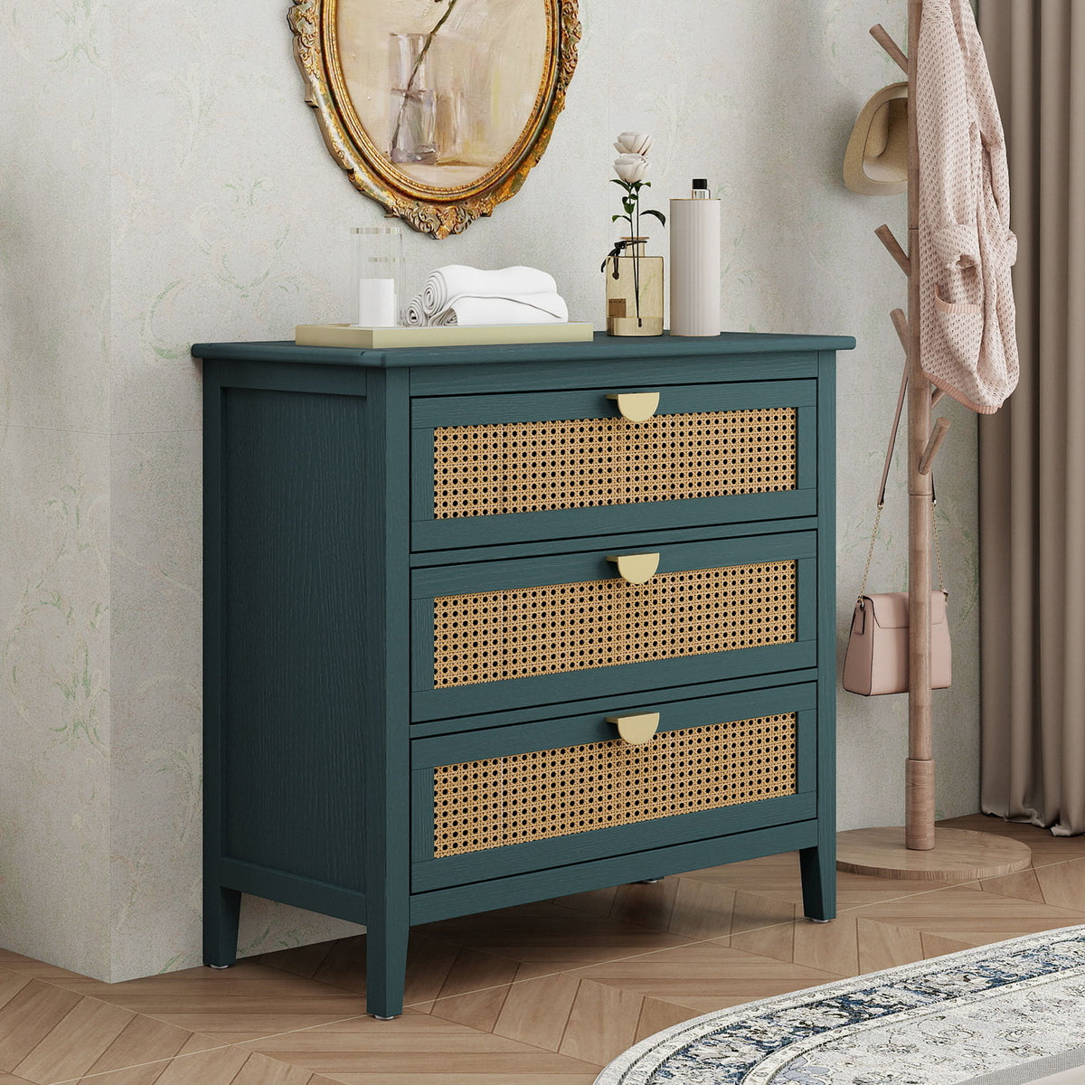 3 Drawer Cabinet, Natural Rattan, American Furniture