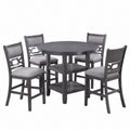 5 Piece Counter Height Dining Set With Storage Shelves Round Table And Upholstered High Chairs - Gray