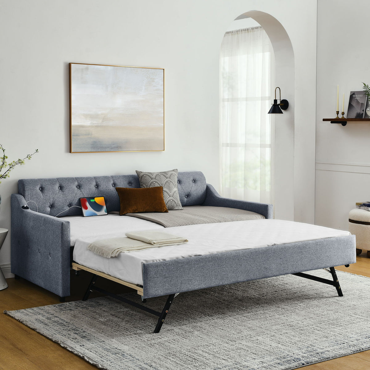 Size Upholstered Daybed With Trundle And USB Charging Armrest