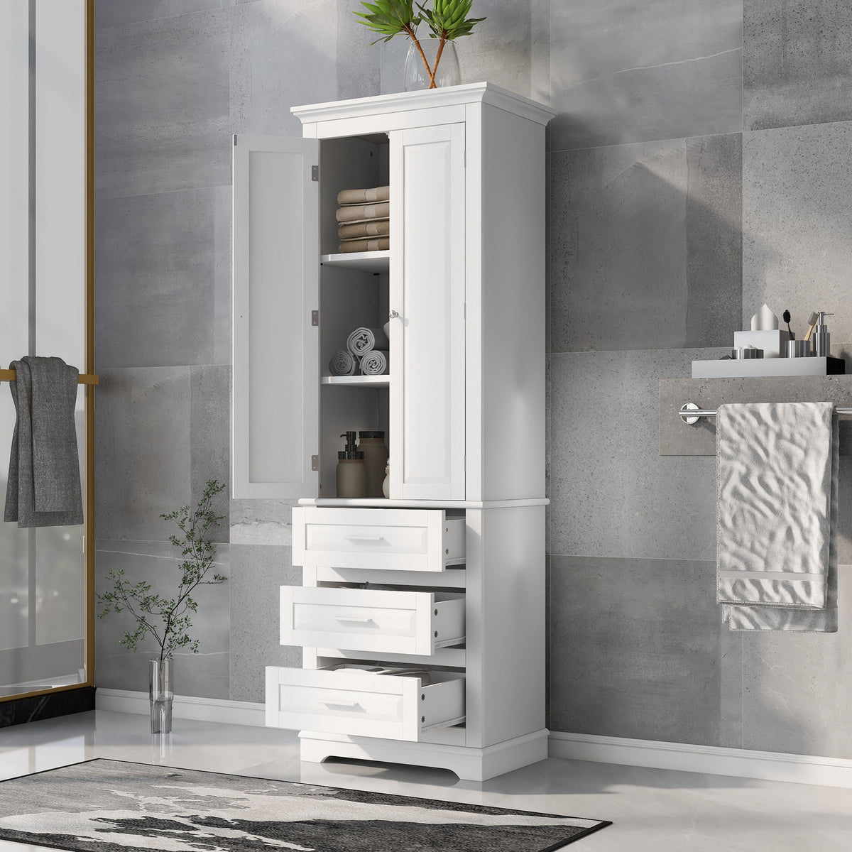 Tall Storage Cabinet With 3 Drawers For Bathroom