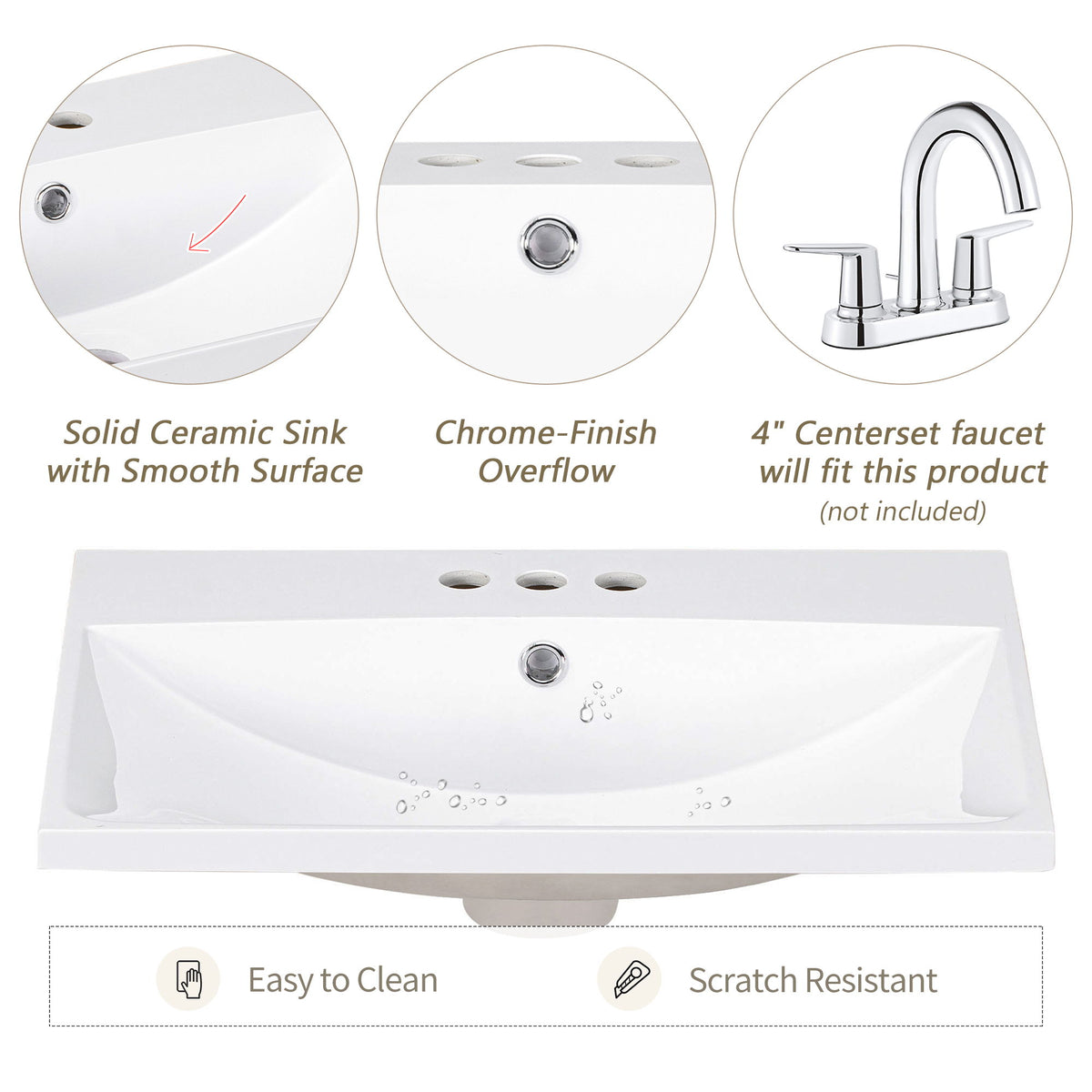 Bathroom Vanity Top, Rectangular Undermount Sink With 3 Faucet Holes, 4" Centerset Compatible - White