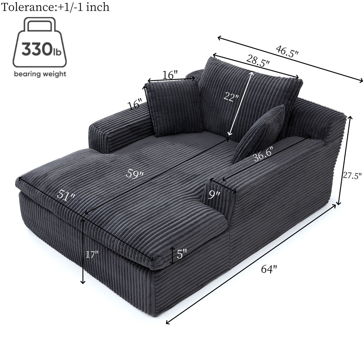 Oversized Upholstered Chaise Lounge Chair Sleeper Couch - Gray