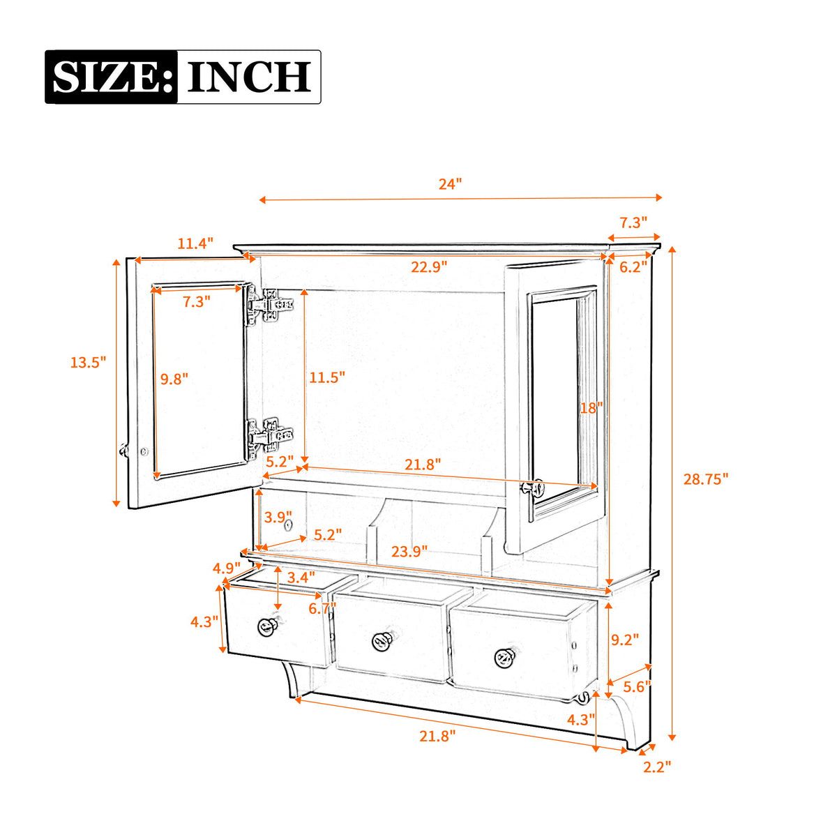 Modern Bathroom Mirror Cabinet With Drawers, Organizer Hooks, And High-Definition Mirrors