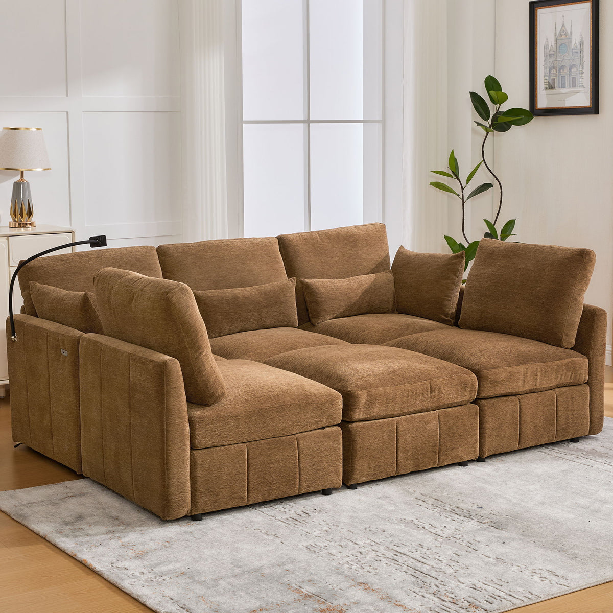 Modern Modular U-Shaped Sofa Bed With Movable Ottoman, USB Ports, Phone Holder