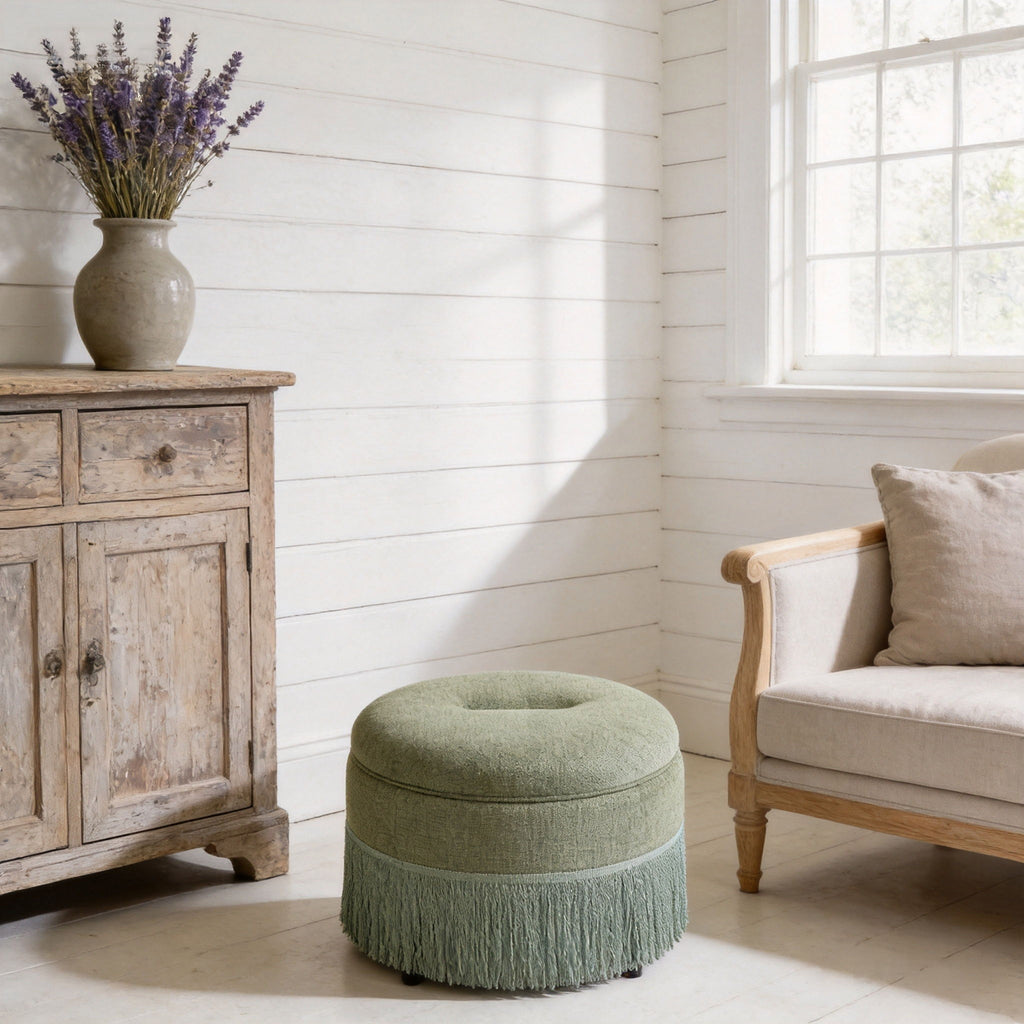 Round Storage Ottoman With Tassel, Decorative Accent Pouf For Living Room